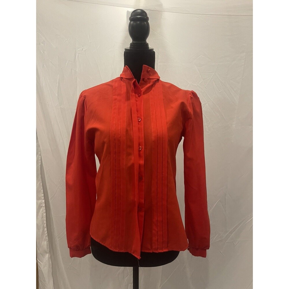 vintage 80s Red Tuxedo Blouse Pintuck Pleated Button Down Shirt Dark Academia S
